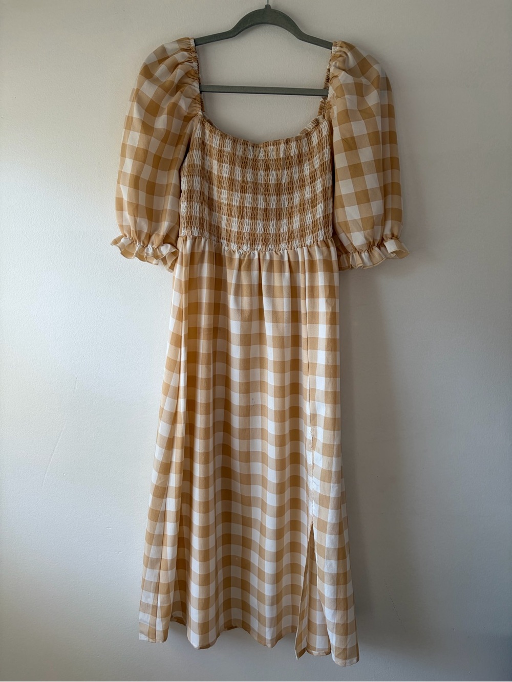 Smocked Gingham Midi Dress in Beige